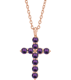 R42363 Necklace 14K Rose Set Natural Amethyst Round 2 Mm 18.4 X 10.8 Mm Polished Amethyst Cross 16-18 In Necklace