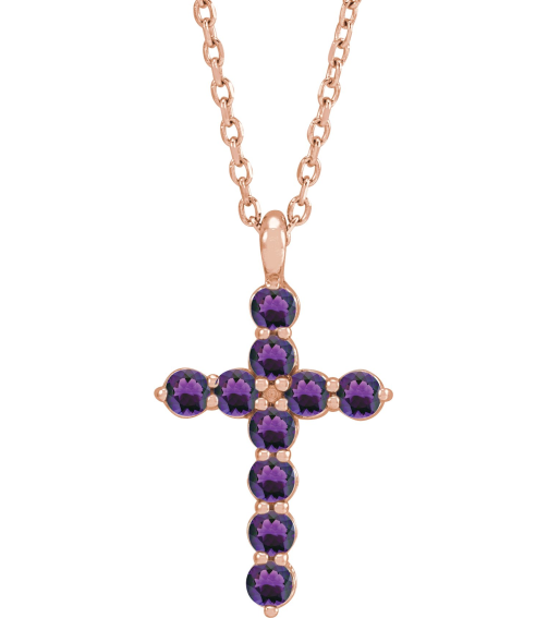 R42363 Necklace 14K Rose Set Natural Amethyst Round 2 Mm 18.4 X 10.8 Mm Polished Amethyst Cross 16-18 In Necklace