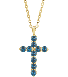 R42363 Necklace 14K Yellow Set Natural Blue Zircon Round 2 Mm 18.4 X 10.8 Mm Polished Blue Zircon Cross 16-18 In Necklace