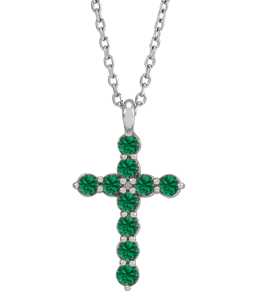 R42363 Necklace Platinum Set Lab-Grown Emerald Round 2 Mm 18.4 X 10.8 Mm Polished Lab-Grown Emerald Cross 16-18 In Necklace