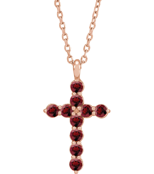 R42363 Necklace 14K Rose Set Natural Mozambique Garnet Round 2 Mm 18.4 X 10.8 Mm Polished Mozambique Garnet Cross 16-18 In Necklace