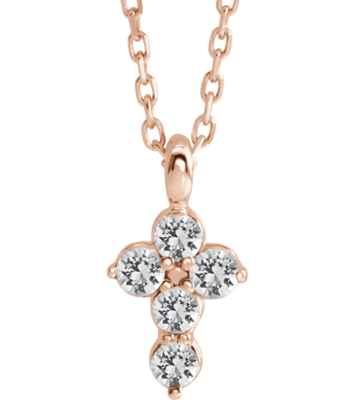 R42363 Necklace 14K Rose Set Natural White Sapphire Round 2 Mm 18.4 X 10.8 Mm Polished White Sapphire Cross 16-18 In Necklace