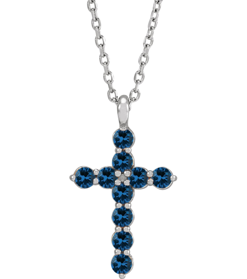 R42363 Necklace Platinum Set Lab-Grown Blue Sapphire Round 2 Mm 18.4 X 10.8 Mm Polished Lab-Grown Blue Sapphire Cross 16-18 In Necklace