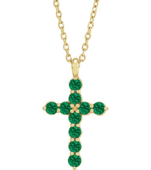 R42363 Necklace 14K Yellow Set Lab-Grown Emerald Round 2 Mm 18.4 X 10.8 Mm Polished Lab-Grown Emerald Cross 16-18 In Necklace