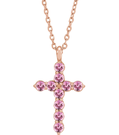 R42363 Necklace 14K Rose Set Natural Pink Tourmaline Round 2 Mm 18.4 X 10.8 Mm Polished Pink Tourmaline Cross 16-18 In Necklace