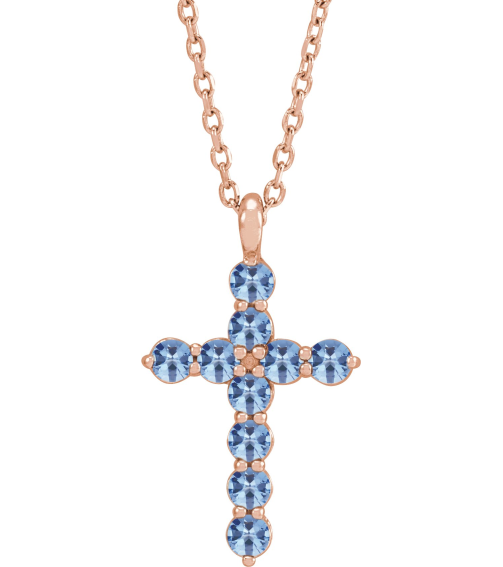R42363 Necklace 14K Rose Set Natural Aquamarine Round 2 Mm 18.4 X 10.8 Mm Polished Aquamarine Cross 16-18 In Necklace