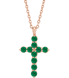 R42363 Necklace 14K Rose Set Lab-Grown Emerald Round 2 Mm 18.4 X 10.8 Mm Polished Lab-Grown Emerald Cross 16-18 In Necklace