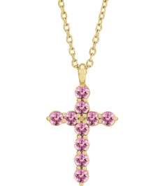 R42363 Necklace 14K Yellow Set Natural Pink Tourmaline Round 2 Mm 18.4 X 10.8 Mm Polished Pink Tourmaline Cross 16-18 In Necklace