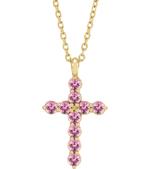 R42363 Necklace 14K Yellow Set Natural Pink Tourmaline Round 2 Mm 18.4 X 10.8 Mm Polished Pink Tourmaline Cross 16-18 In Necklace