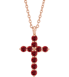 R42363 Necklace 14K Rose Set Natural Ruby Round 2 Mm 18.4 X 10.8 Mm Polished Ruby Cross 16-18 In Necklace