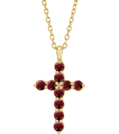 R42363 Necklace 14K Yellow Set Natural Mozambique Garnet Round 2 Mm 18.4 X 10.8 Mm Polished Mozambique Garnet Cross 16-18 In Necklace