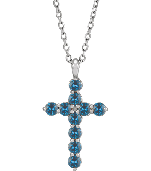 R42363 Necklace Platinum Set Natural Blue Zircon Round 2 Mm 18.4 X 10.8 Mm Polished Blue Zircon Cross 16-18 In Necklace