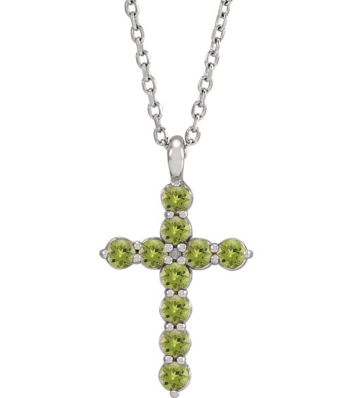 R42363 Necklace Platinum Set Natural Peridot Round 2 Mm 18.4 X 10.8 Mm Polished Peridot Cross 16-18 In Necklace