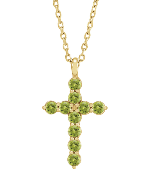 R42363 Necklace 14K Yellow Set Natural Peridot Round 2 Mm 18.4 X 10.8 Mm Polished Peridot Cross 16-18 In Necklace