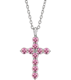 R42363 Necklace Platinum Set Natural Pink Tourmaline Round 2 Mm 18.4 X 10.8 Mm Polished Pink Tourmaline Cross 16-18 In Necklace