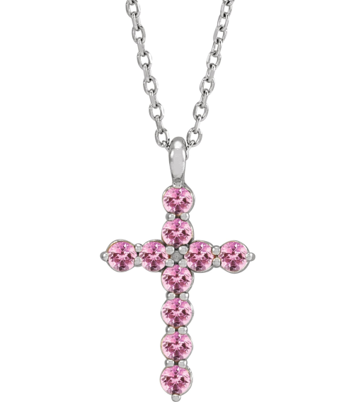 R42363 Necklace Platinum Set Natural Pink Tourmaline Round 2 Mm 18.4 X 10.8 Mm Polished Pink Tourmaline Cross 16-18 In Necklace