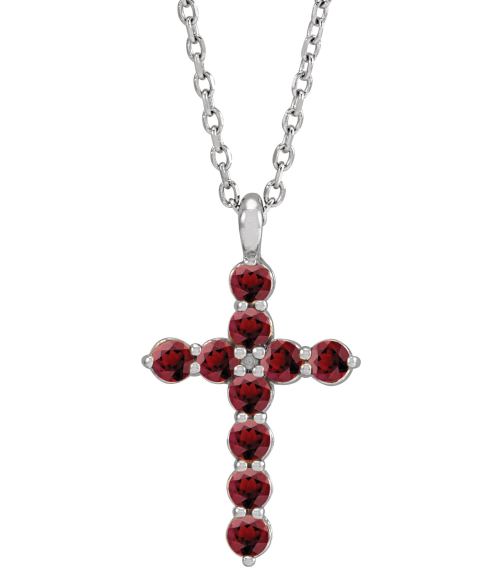 R42363 Necklace Platinum Set Natural Mozambique Garnet Round 2 Mm 18.4 X 10.8 Mm Polished Mozambique Garnet Cross 16-18 In Necklace
