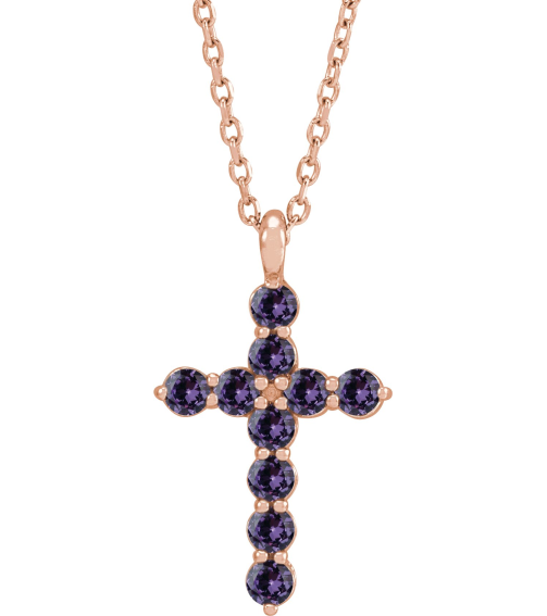 R42363 Necklace 14K Rose Set Lab-Grown Alexandrite Round 2 Mm 18.4 X 10.8 Mm Polished Lab-Grown Alexandrite Cross 16-18 In Necklace