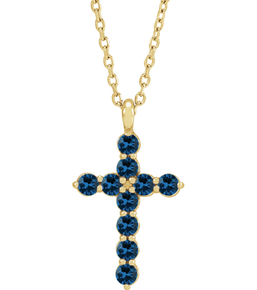 R42363 Necklace 14K Yellow Set Natural Blue Sapphire Round 2 Mm 18.4 X 10.8 Mm Polished Blue Sapphire Cross 16-18 In Necklace