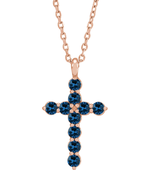 R42363 Necklace 14K Rose Set Lab-Grown Blue Sapphire Round 2 Mm 18.4 X 10.8 Mm Polished Lab-Grown Blue Sapphire Cross 16-18 In Necklace