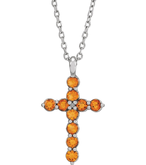 R42363 Necklace Platinum Set Natural Citrine Round 2 Mm 18.4 X 10.8 Mm Polished Citrine Cross 16-18 In Necklace