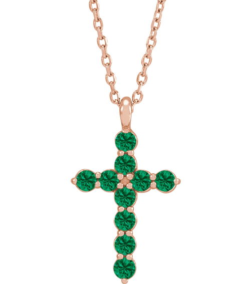 R42363 Necklace 14K Rose Set Natural Emerald Round 2 Mm 18.4 X 10.8 Mm Polished Emerald Cross 16-18 In Necklace