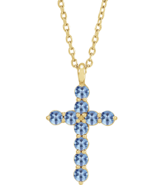 R42363 Necklace 14K Yellow Set Natural Aquamarine Round 2 Mm 18.4 X 10.8 Mm Polished Aquamarine Cross 16-18 In Necklace