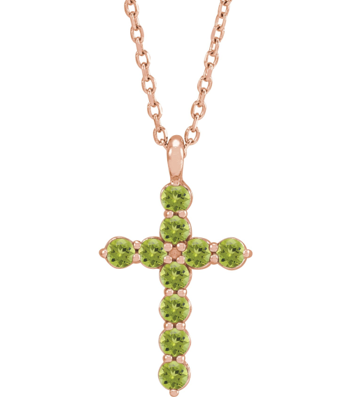 R42363 Necklace 14K Rose Set Natural Peridot Round 2 Mm 18.4 X 10.8 Mm Polished Peridot Cross 16-18 In Necklace