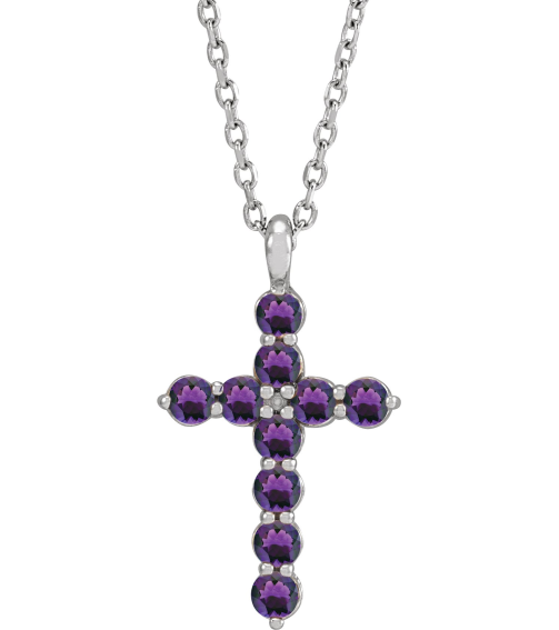 R42363 Necklace Platinum Set Natural Amethyst Round 2 Mm 18.4 X 10.8 Mm Polished Amethyst Cross 16-18 In Necklace