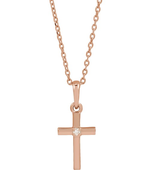 R50012 Necklace Set 14K Rose Round Natural Diamond 1.5Mm 0.015 Ct I1, G-H 16-18 In Polished .015 Ct Natural Diamond Cross Necklace
