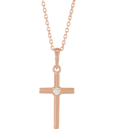 R50012 Necklace Set 14K Rose Round Natural Diamond 2Mm 0.03 Ct I1, G-H 16-18 In Polished .03 Ct Natural Diamond Cross Necklace
