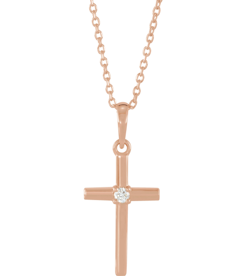 R50012 Necklace Set 14K Rose Round Natural Diamond 2Mm 0.03 Ct I1, G-H 16-18 In Polished .03 Ct Natural Diamond Cross Necklace