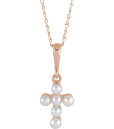 R50023 Necklace Set 14K Rose Pearl Cultured White Seed Pearl 2 Mm 16 In Polished Cultured White Seed Pearl Youth Cross Necklace