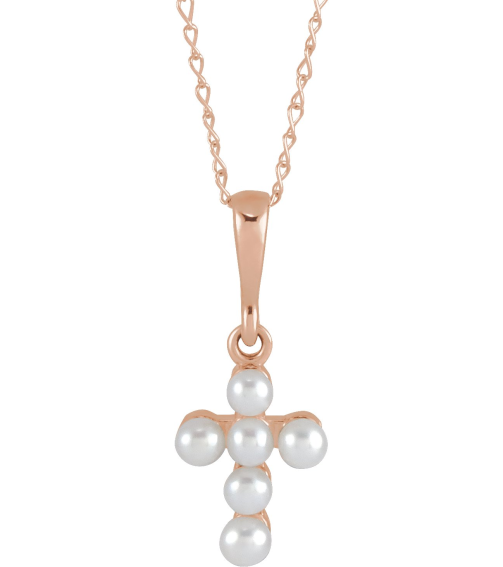 R50023 Necklace Set 14K Rose Pearl Cultured White Seed Pearl 2 Mm 16 In Polished Cultured White Seed Pearl Youth Cross Necklace