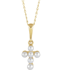 R50023 Necklace Set 14K Yellow Pearl Cultured White Seed Pearl 2 Mm 16 In Polished Cultured White Seed Pearl Youth Cross Necklace