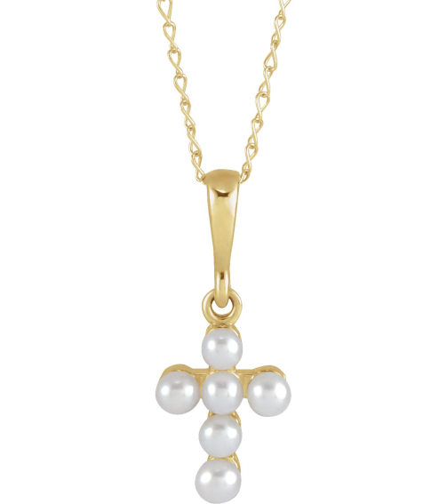 R50023 Necklace Set 14K Yellow Pearl Cultured White Seed Pearl 2 Mm 16 In Polished Cultured White Seed Pearl Youth Cross Necklace