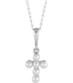 R50023 Necklace Set 14K White Pearl Cultured White Seed Pearl 2 Mm 16 In Polished Cultured White Seed Pearl Youth Cross Necklace