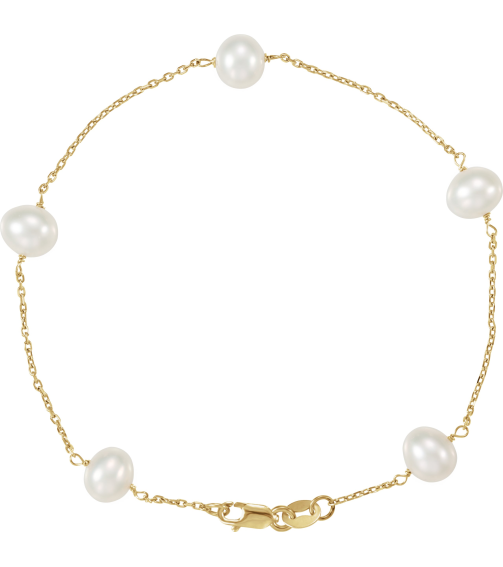 Brc1840 Bracelet Set 14K Yellow Pearl Cultured White Freshwater Pearl 5 Mm 7 In Polished Cultured White Pearl Station Bracelet
