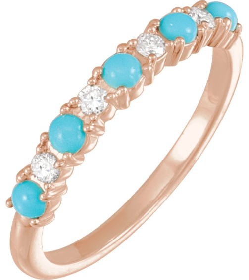 72346 Ring Set 14K Rose Natural Turquoise Round 2.5 Mm Natural Diamond Polished Cabochon Natural Turquoise And 18 Ctw Natural Diamond Ring