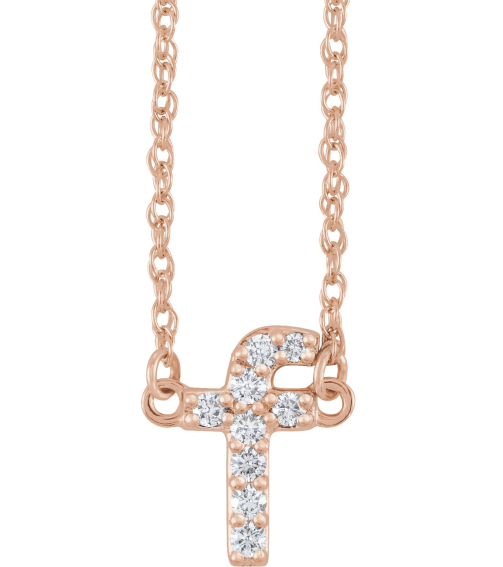 688936 Necklace Set 14K Rose Initial F Natural Diamond Round 1.4 Mm I1, H+ 0.08 Ctw 16 In Polished .08 Ctw Natural Diamond Lowercase Initial Necklace