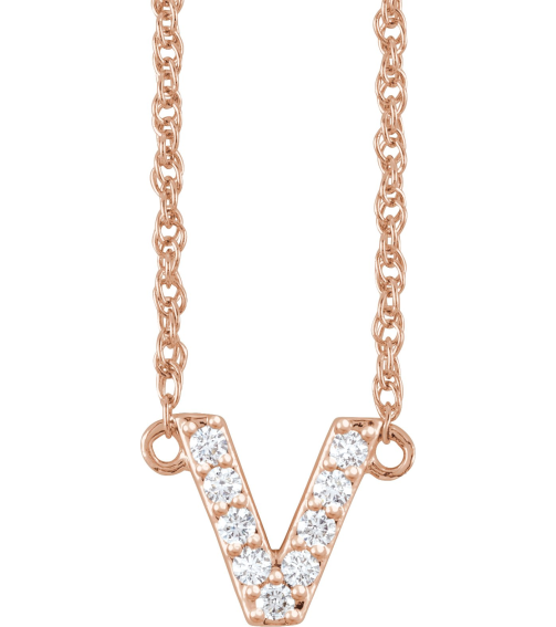 688936 Necklace Set 14K Rose Initial V Natural Diamond Round 1.3 Mm I1, H+ 110 Ctw 16 In Polished 110 Ctw Natural Diamond Lowercase Initial Necklace