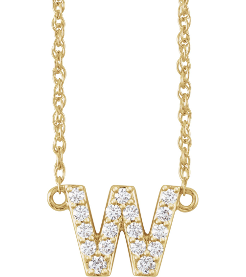 688936 Necklace Set 14K Yellow Initial W Natural Diamond Round 1.4 Mm I1, H+ 18 Ctw 16 In Polished 18 Ctw Natural Diamond Lowercase Initial Necklace