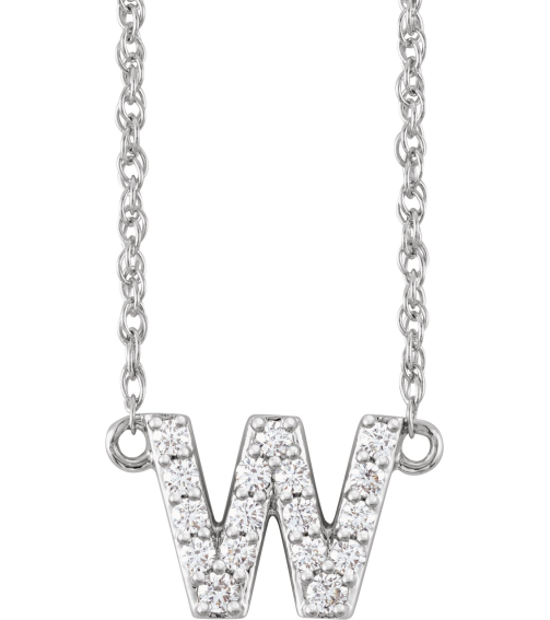688936 Necklace Set 14K White Initial W Natural Diamond Round 1.4 Mm I1, H+ 18 Ctw 16 In Polished 18 Ctw Natural Diamond Lowercase Initial Necklace