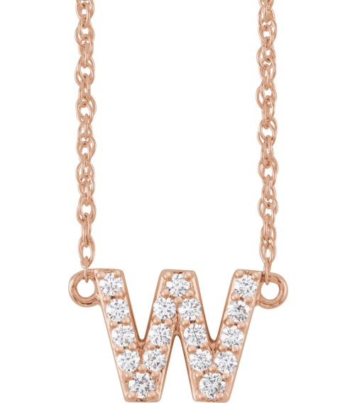 688936 Necklace Set 14K Rose Initial W Natural Diamond Round 1.4 Mm I1, H+ 18 Ctw 16 In Polished 18 Ctw Natural Diamond Lowercase Initial Necklace