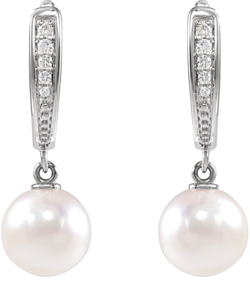 88195 Earring Set Cultured Akoya Pearl Pearl 7.0-7.5 Mm 14K White Natural Diamond Pair Lever Backs Polished Pearl And .03 Ctw Natural Diamond Lever Back Earrings