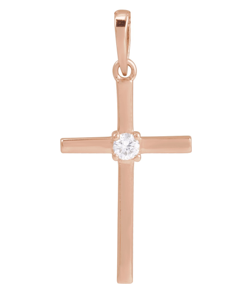 R50012 Pendant Set 14K Rose Round Natural Diamond 3Mm 110 Ct I1, G-H Polished 15 Ct Natural Diamond Solitaire Cross Pendant