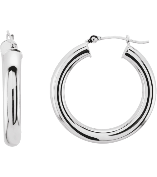 20270 Earring 14K White 25 Mm 4 Mm Pair Catch Polished Round Tube Hoop Earrings