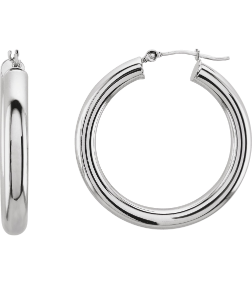 20270 Earring 14K White 30 Mm 4 Mm Pair Catch Polished Round Tube Hoop Earrings