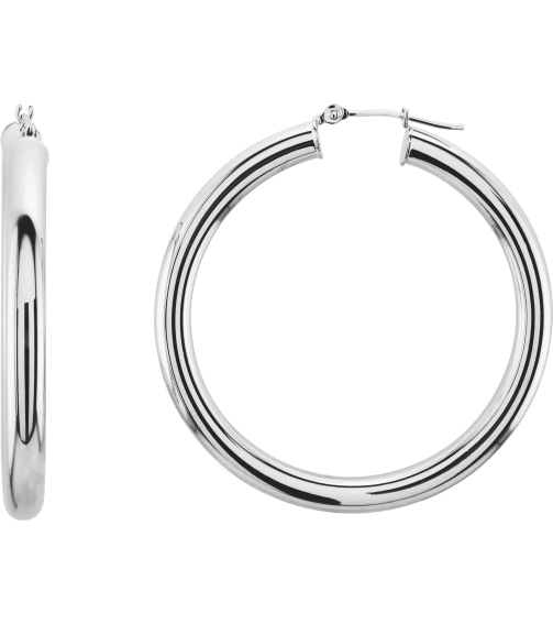 20270 Earring 14K White 40 Mm 4 Mm Pair Catch Polished Round Tube Hoop Earrings