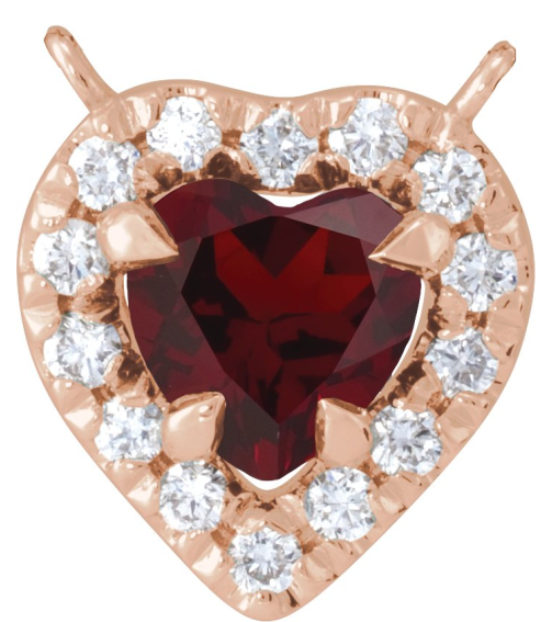 88342 Necklace Center Set 14K Rose Heart Natural Mozambique Garnet 5 X 5Mm 18 Ctw Natural Diamond I1, Gh Polished Natural Mozambique Garnet And 18 Ctw Natural Diamond Heart French-Set Halo Necklace Center